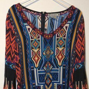 Flying Tomato Womens Large Tunic Multicolor Tribal Pattern Bell sleeves Retro